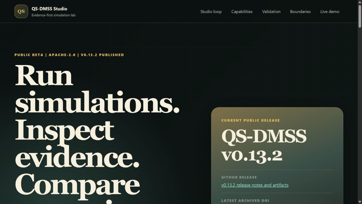 QS-DMSS Studio evidence-first simulation interface